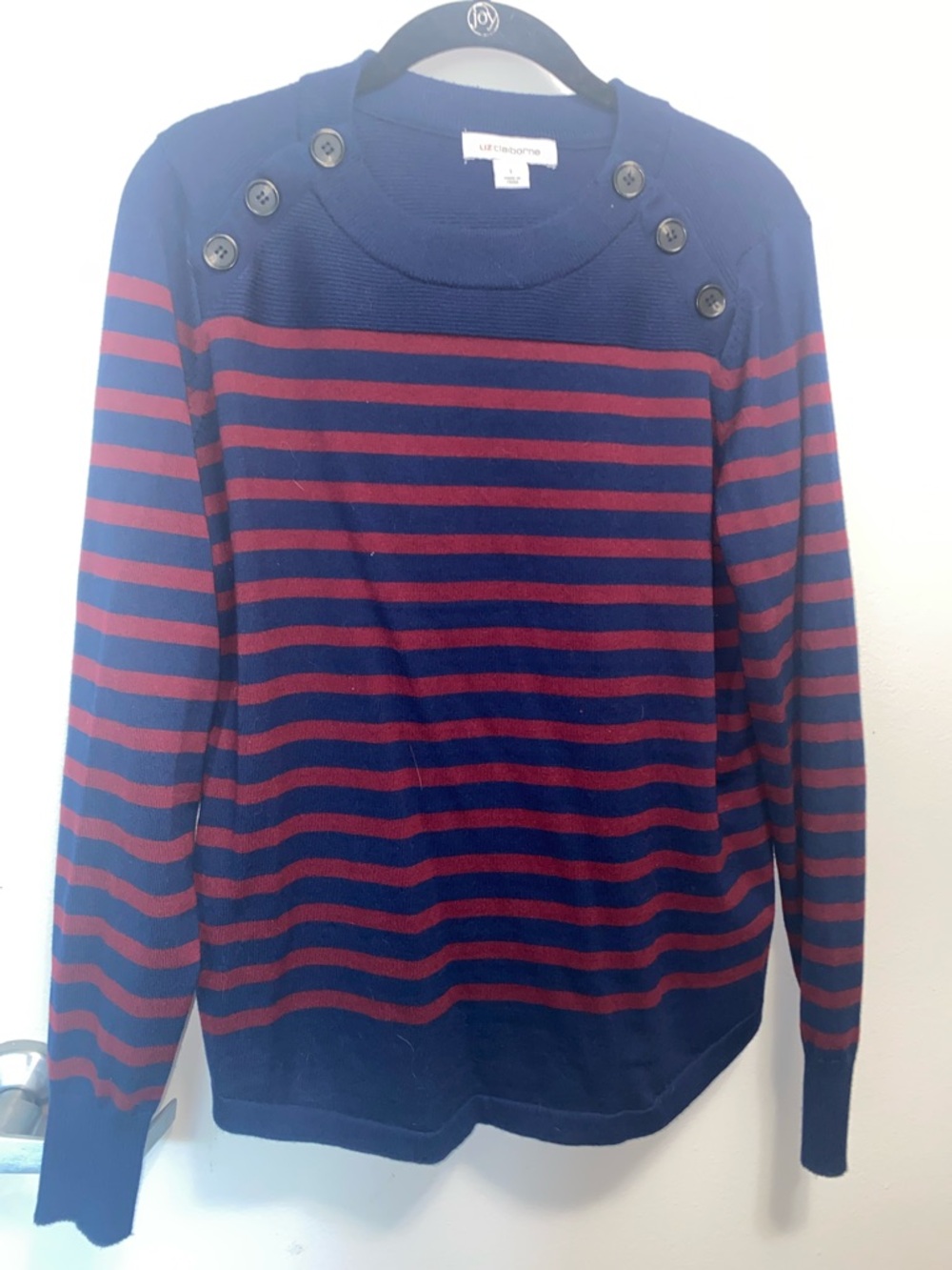 Liz Claiborne Navy and Burgundy Striped Button-Shoulder Sweater